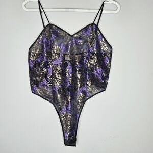 Vtg Victoria's Secret Purple Gold Metallic Black Lace Teddy Bodysuit Gold Label